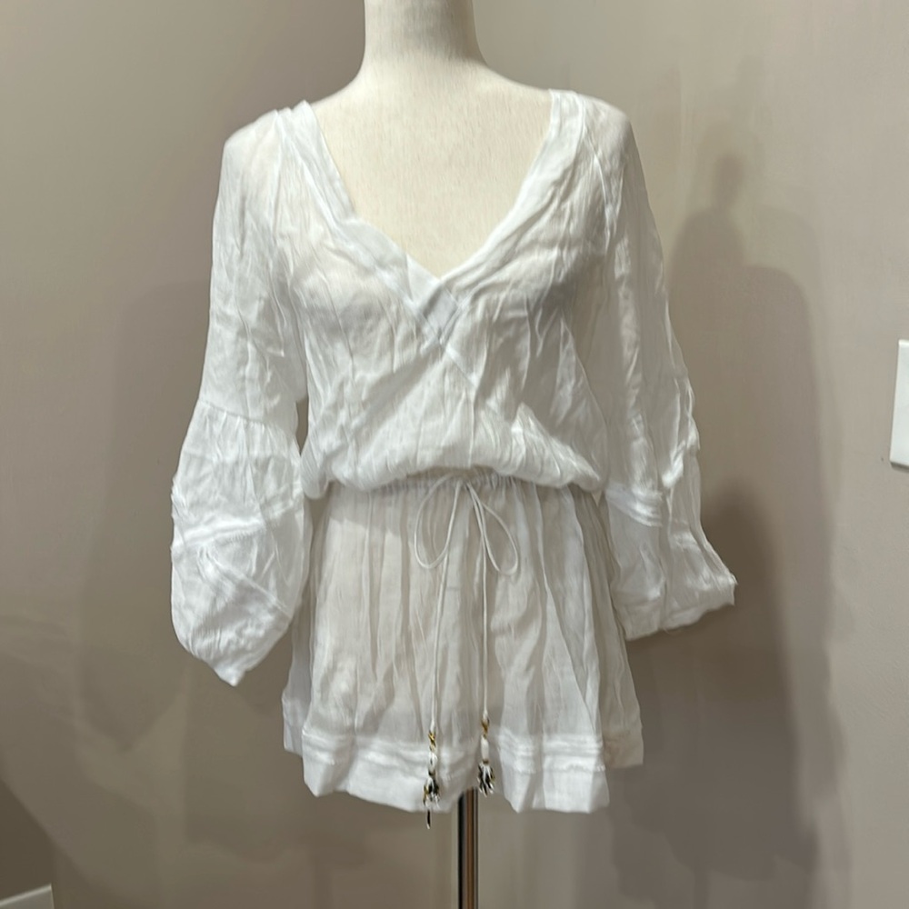 VIX Paula Hermanny white gauze cover up beaded cinch tie waist Large like new